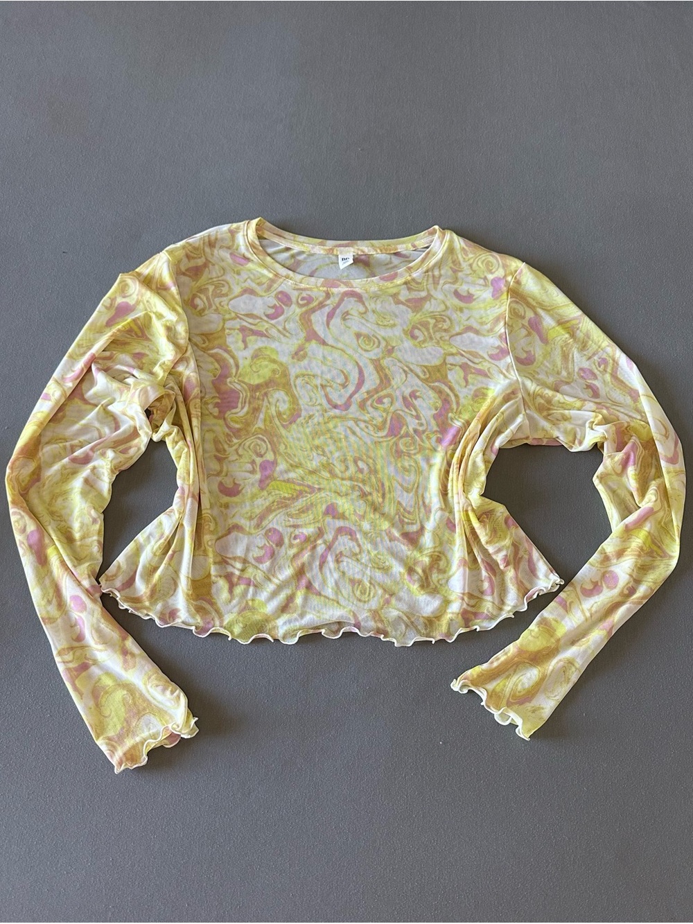 BP. Women’s Yellow & Pink Abstract Swirl Mesh Long Sleeve Cropped Top